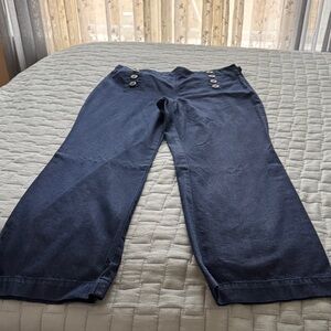 Talbots Dark Blue Denim Trousers.  Sailor style with buttons and side zip.